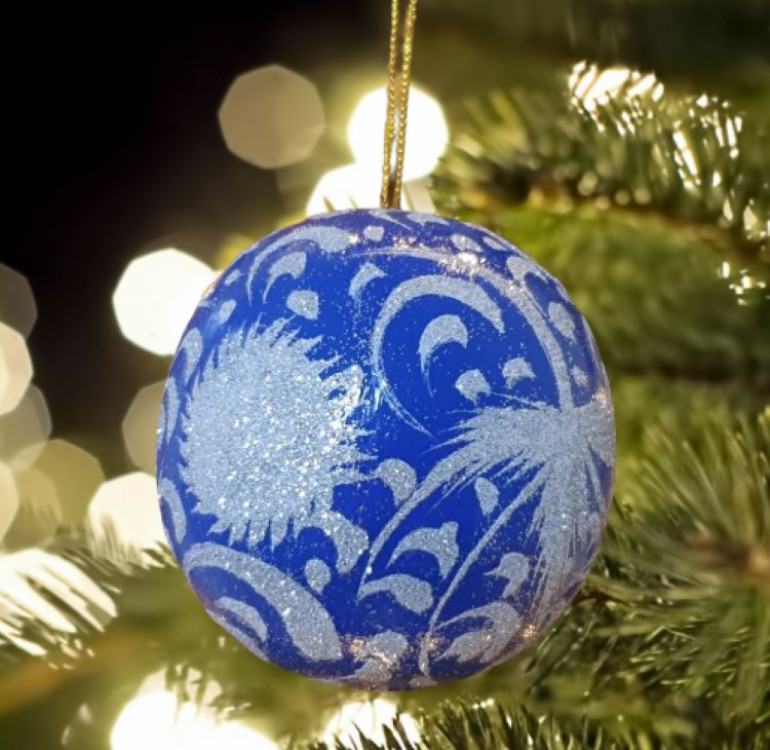 handmade hand painted and decorated blue and silver glitter christmas wooden bauble