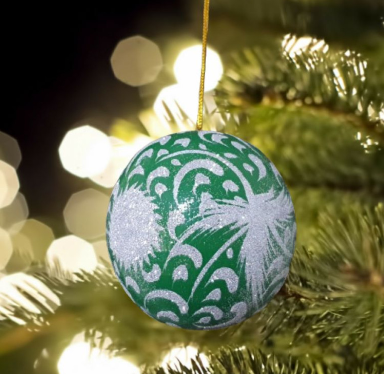 handmade hand painted and decorated green and silver glitter christmas wooden bauble