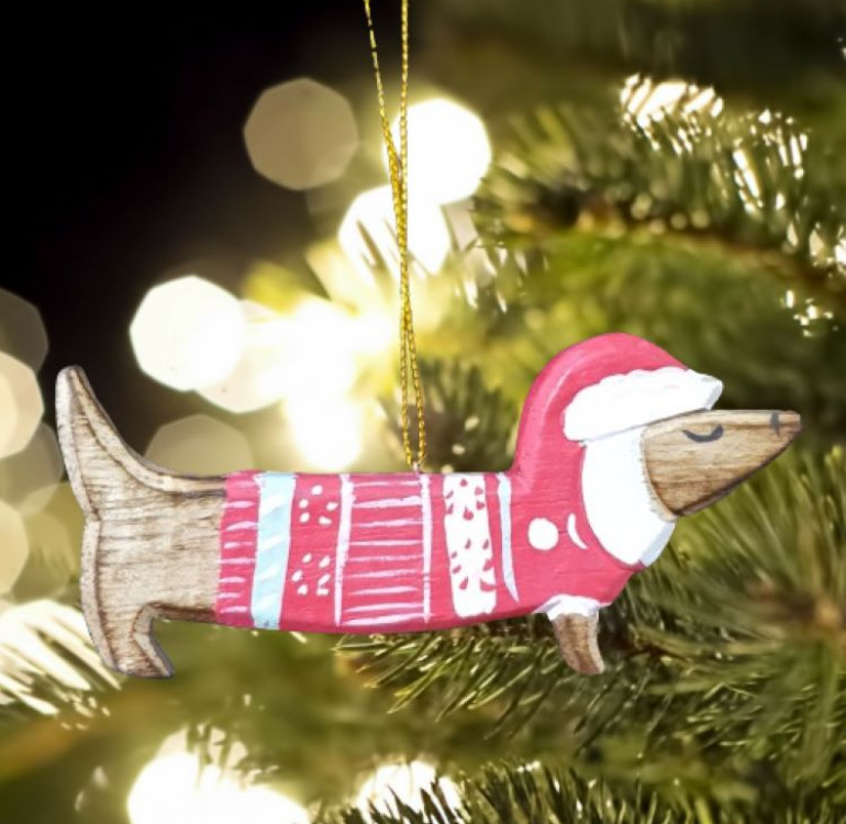 handmade and hand painted Sausage dog Christmas tree decoration