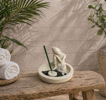 a white stone effect buddha on garden with incense sticks and candle