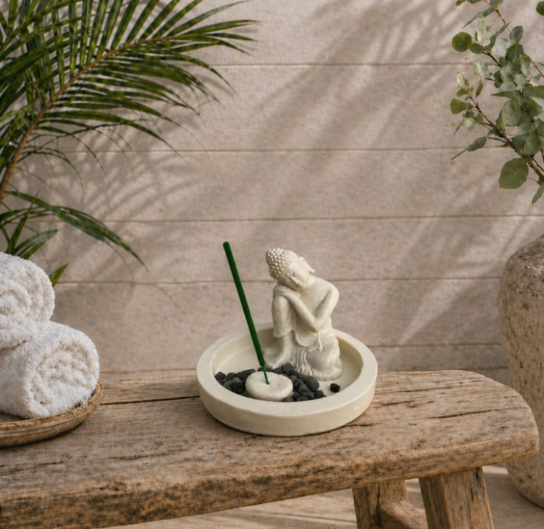 a white stone effect buddha on garden with incense sticks and candle