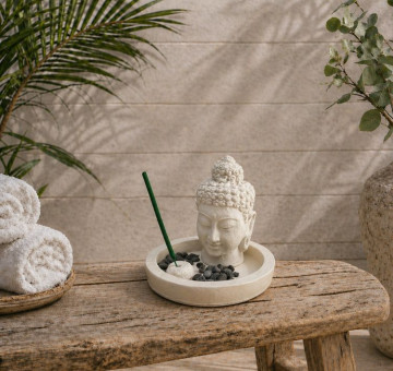 a white stone effect buddha on garden with incense sticks and candle