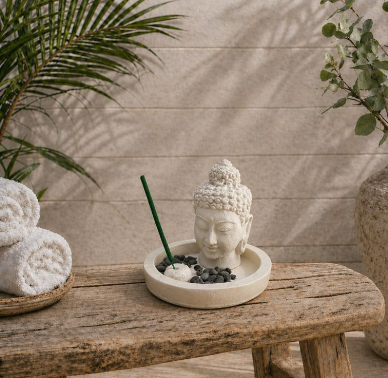 a white stone effect buddha on garden with incense sticks and candle