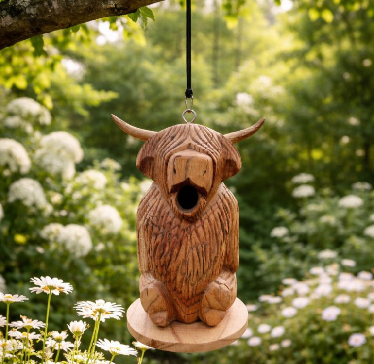 a hand carved bird nesting box in the shape of a highland cow with waves of fur