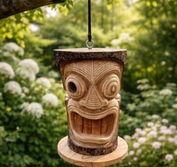 a hand carved bird nesting box in the shape of a tiki face