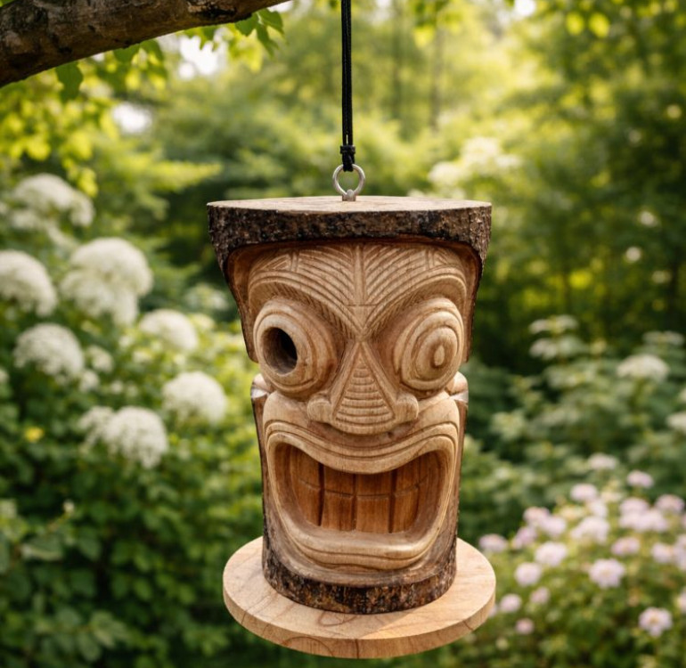 a hand carved bird nesting box in the shape of a tiki face