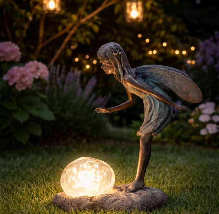 A resin standing fairy looking down at a solar bubble light