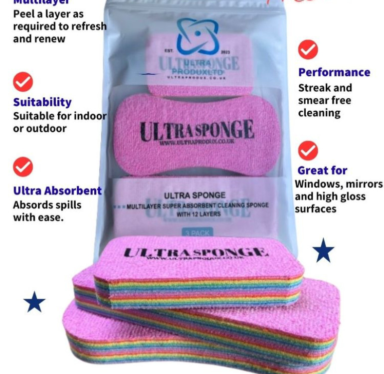 Ultra Produx brings you a Multilayer super absorbent cleaning sponge with 12 layers, amazing! Ultra Produx Ltd Multilayer Absorbent Sponge Pack Say goodbye to worn-out sponges! The Ultra Produx sponge is designed with 12 ultra-absorbent layers stacked together, so when the top layer gets tired, just peel it away to reveal a fresh new one underneath. One sponge lasts up to 12 times longer than regular sponges—saving you money and reducing waste. Each pack includes: