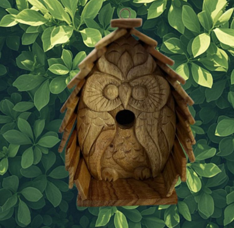 handcarved owl wooden hanging birdhouse nesting box
