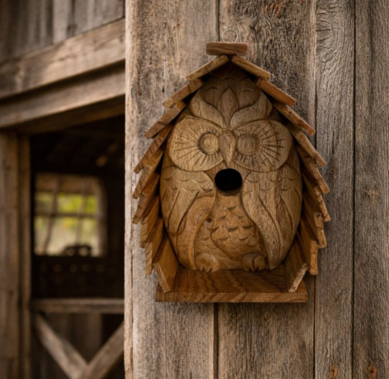 handcarved owl wooden hanging birdhouse nesting box