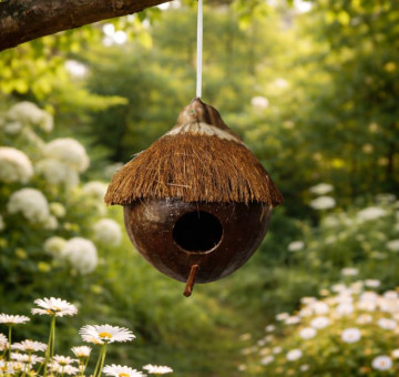 a handmade coconut nesting box with entrance hole and perch