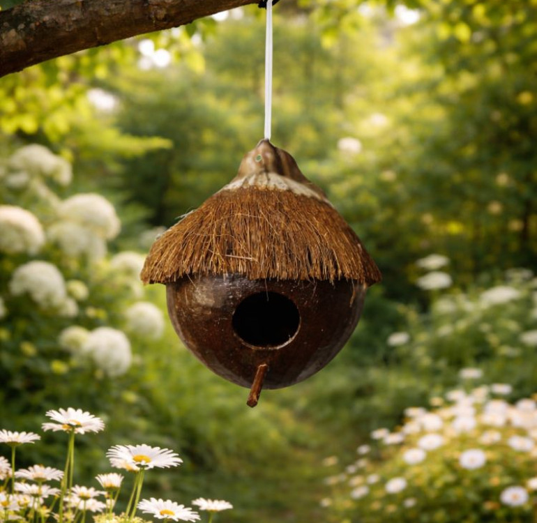 a handmade coconut nesting box with entrance hole and perch