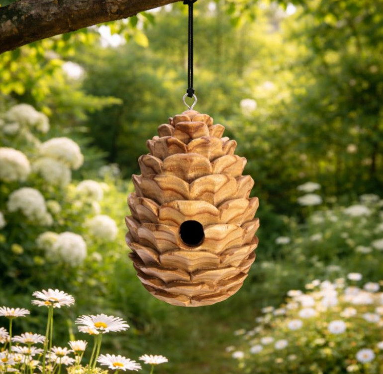 hand carved birdhouse, one way up an acorn the other a beehive