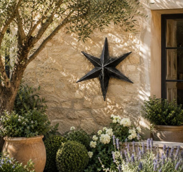 recycled metal handcrafted hanging star sculpture, beautifully polished finish for indoor or outdoor use
