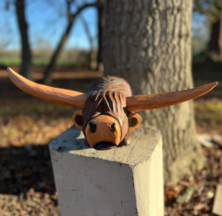 hand carved long horn highland cow with a questionable look on its face, such a tactile funny character