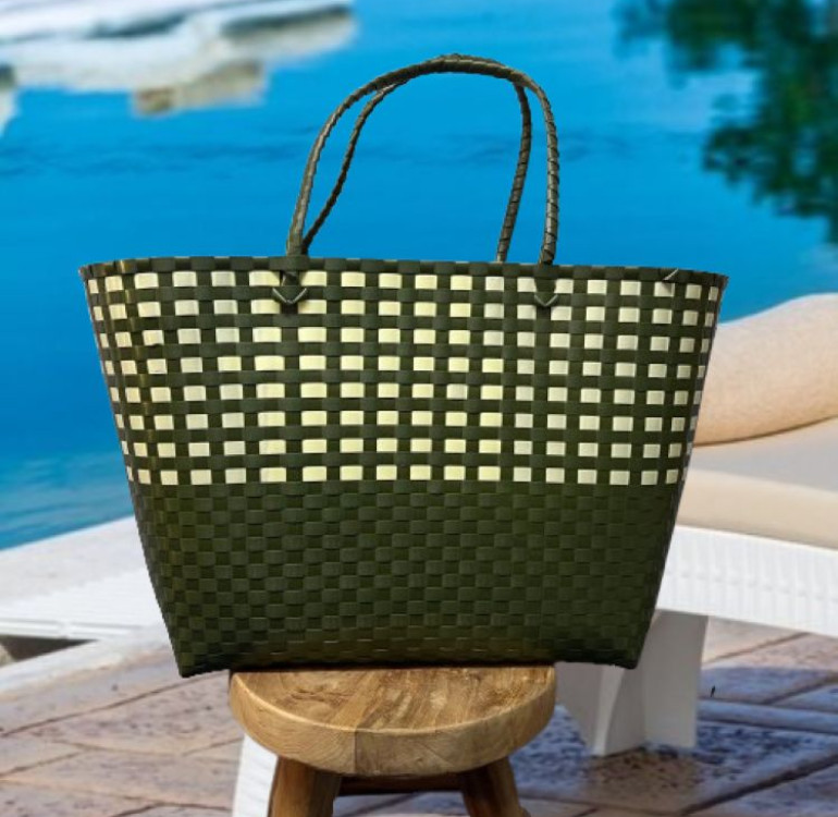 Recycled Plastic Bag with green and cream weave
