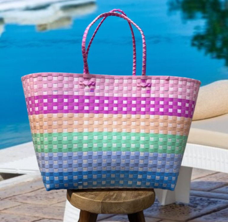 Recycled Plastic Bag with pastel colours weave in large horizontal stripes.