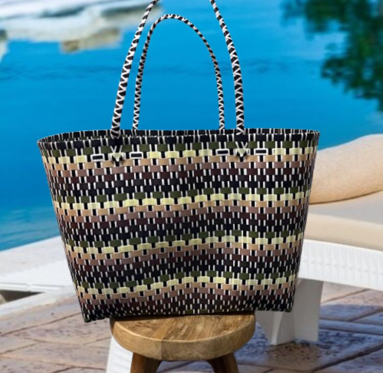 Recycled Plastic Bag with pastel colours weave in large horizontal stripes.