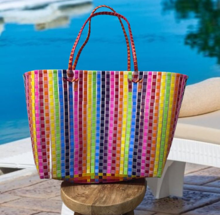 Recycled Plastic Bag with bright stiped vertical weaved pattern