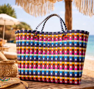 Recycled Plastic Bag with Bright multi colour check design