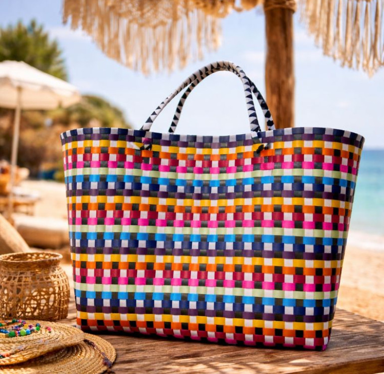 Recycled Plastic Bag with Bright multi colour check design