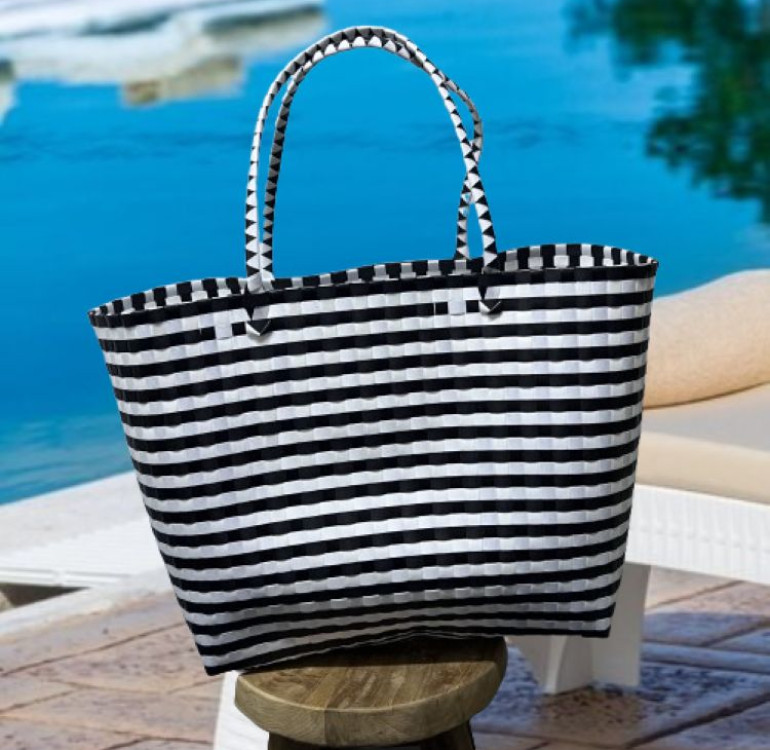 Recycled Plastic Bag with black and white stripe weave