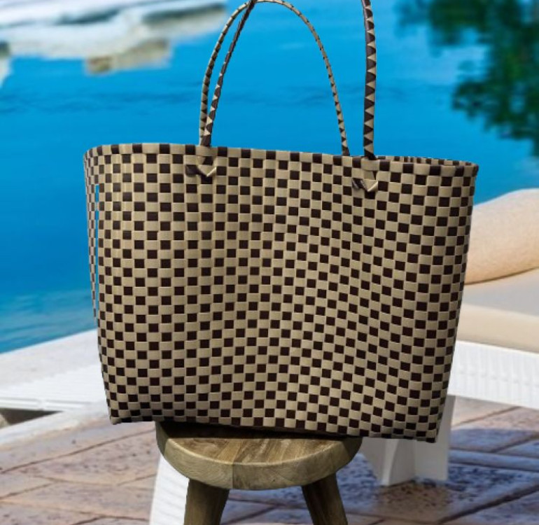Recycled Plastic Bag with beige and brown check