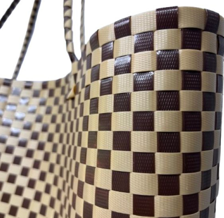 recycled plastic bag with orange weave