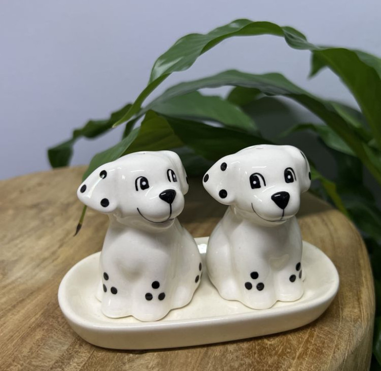 spotty white and black dalmation salt and pepper novelty handmade shakers on a ceramic tray