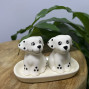 spotty white and black dalmation salt and pepper novelty handmade shakers on a ceramic tray