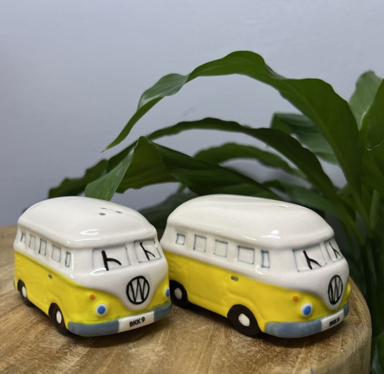 Yellow surf bus salt and pepper novelty handmade shakers on a ceramic tray