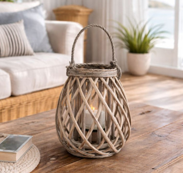 small grey wicker lantern with glass inner