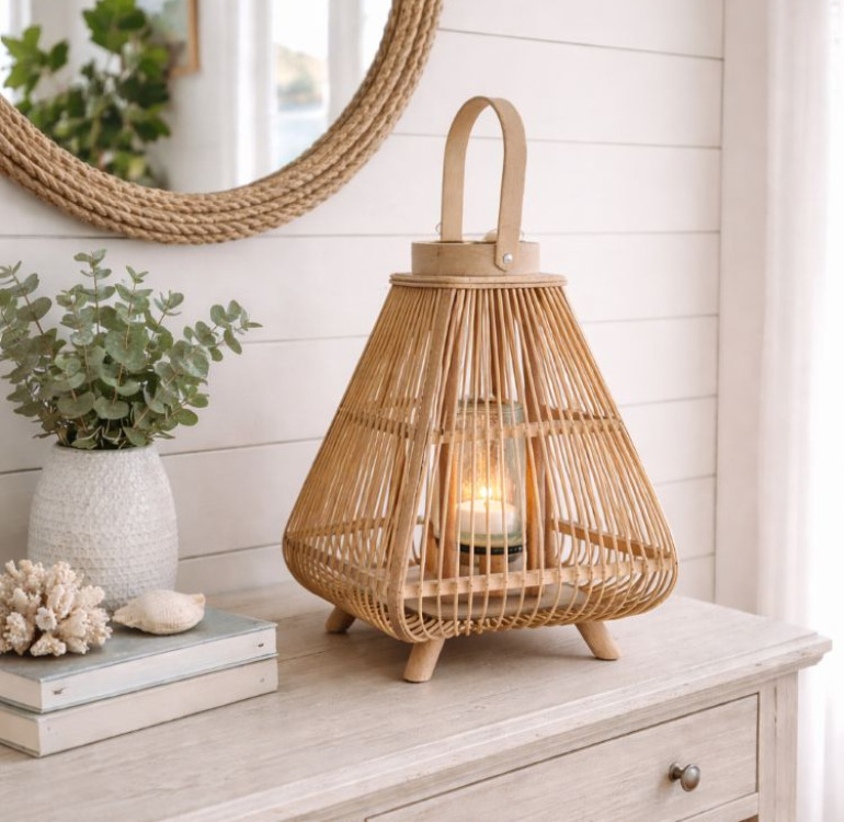 Medium square natural lantern with glass inner