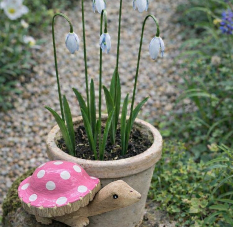 a little hand carved and hand painted little wooden turtle sculpture for the garden. A little pop of characterful colour