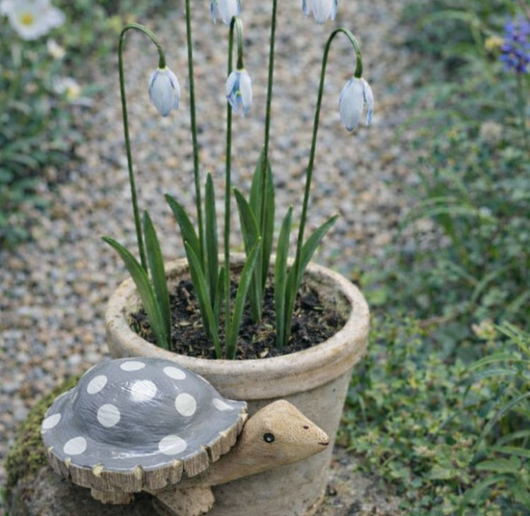 a little hand carved and hand painted little wooden turtle sculpture for the garden. A little pop of characterful colour