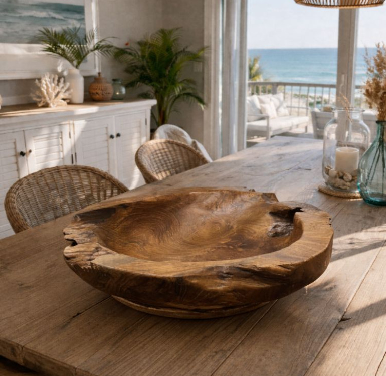 large carved teak leaf bowl