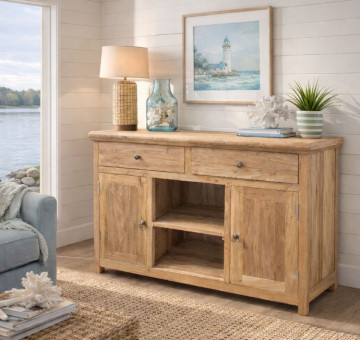 a beautifully made handcrafted teak sideboard with closing drawers and open shelving