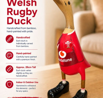 an image of a handcarved and hand painted bamboo duck with the character of a welsh rugby player