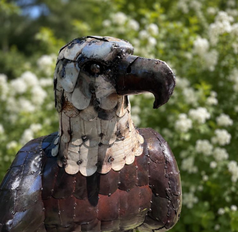 a recycled metal eagle sculpture, statue for the garden