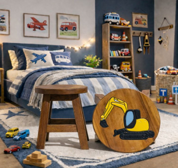 handcrafted and hand painted childrens wooden stool yellow digger design