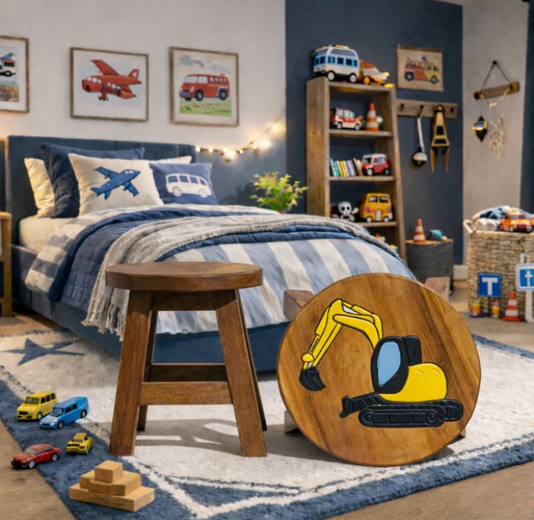 handcrafted and hand painted childrens wooden stool yellow digger design