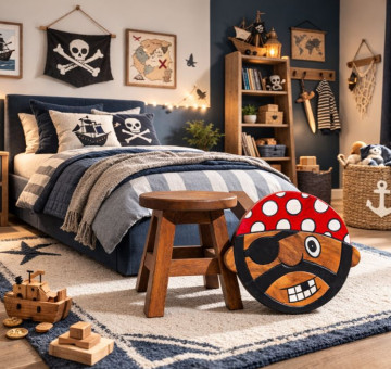 handcrafted and hand painted wooden childrens stool pirate face design