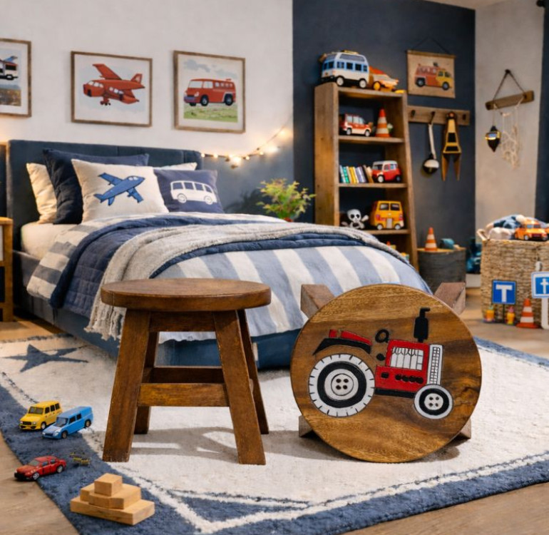 handcrafted wooden children's tractor stool, red vintage design