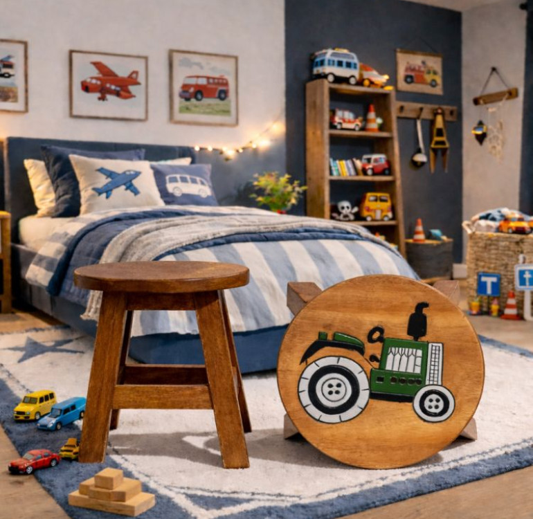 Handcrafted green tractor children's wooden stool