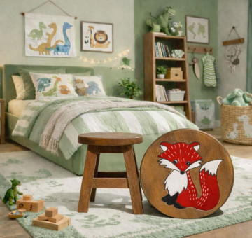 a handcrafted wooden children's stool with a red fox on the top