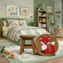 a handcrafted wooden children's stool with a red fox on the top
