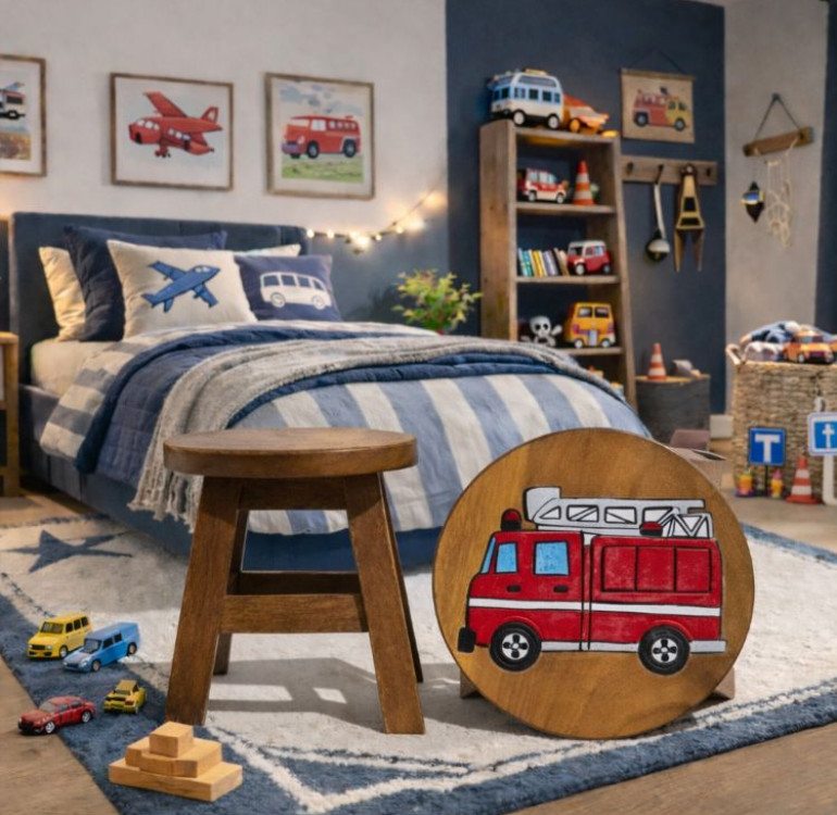 Hand Crafted Stool Red Fire Engine