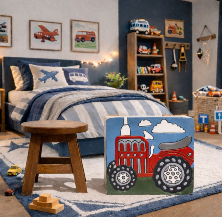 Hand Crafted Stool Square Red Tractor