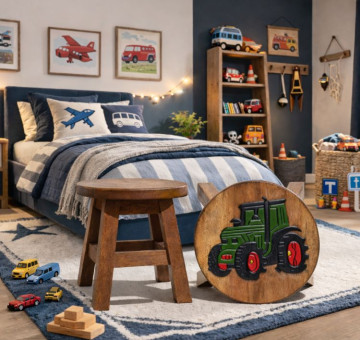 Hand Crafted Stool Green Tractor Red Wheels