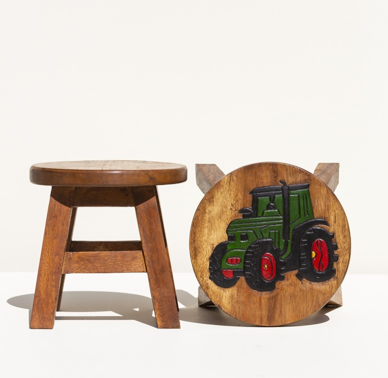 Hand Crafted Stool Green Tractor Red Wheels